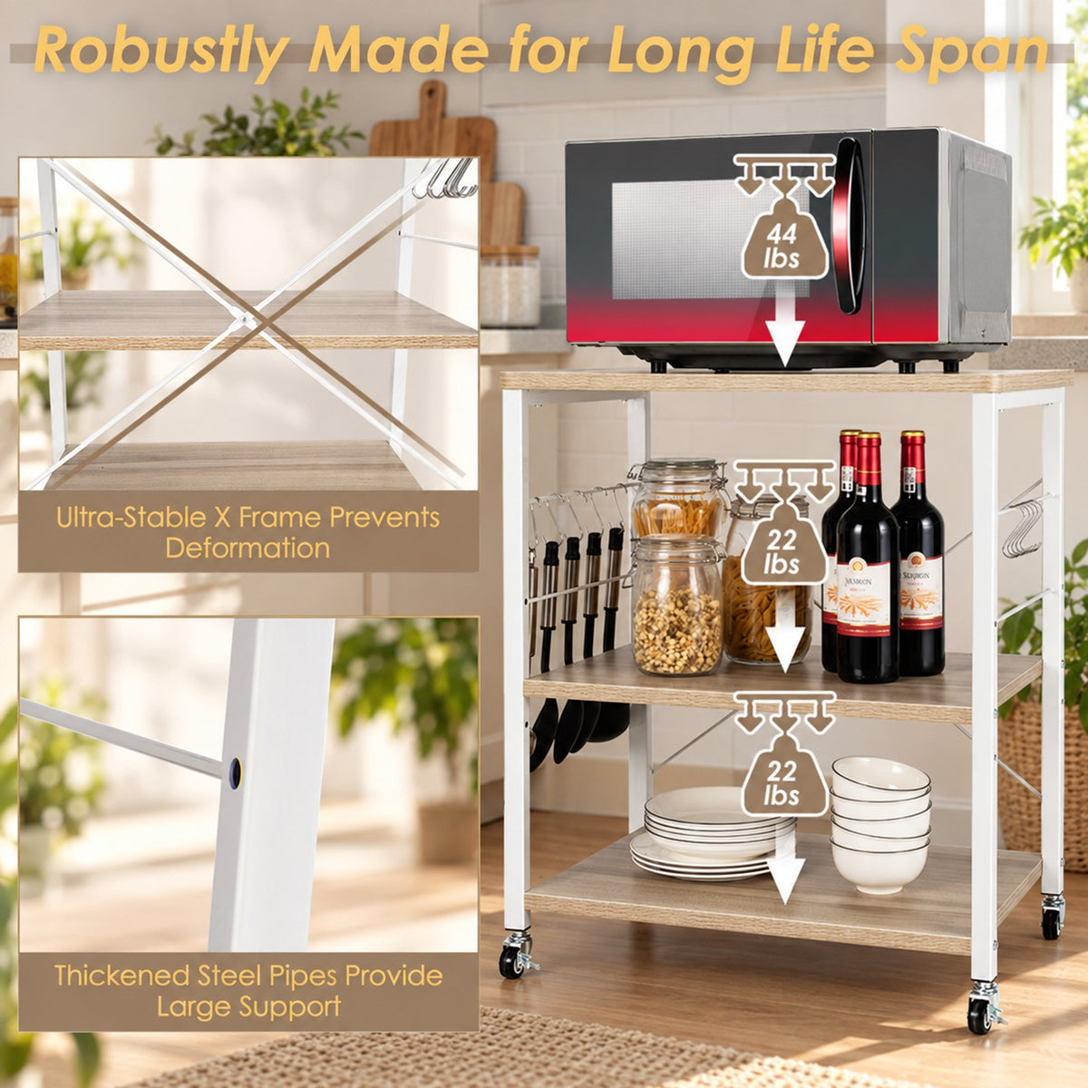 Airfind 3-Tier Kitchen Bakers Rack Microwave Oven Storage Cart with Hooks, 44 lbs Weight capacity of each shelf: 22 lbs Capacity, Iron Frame, Brown