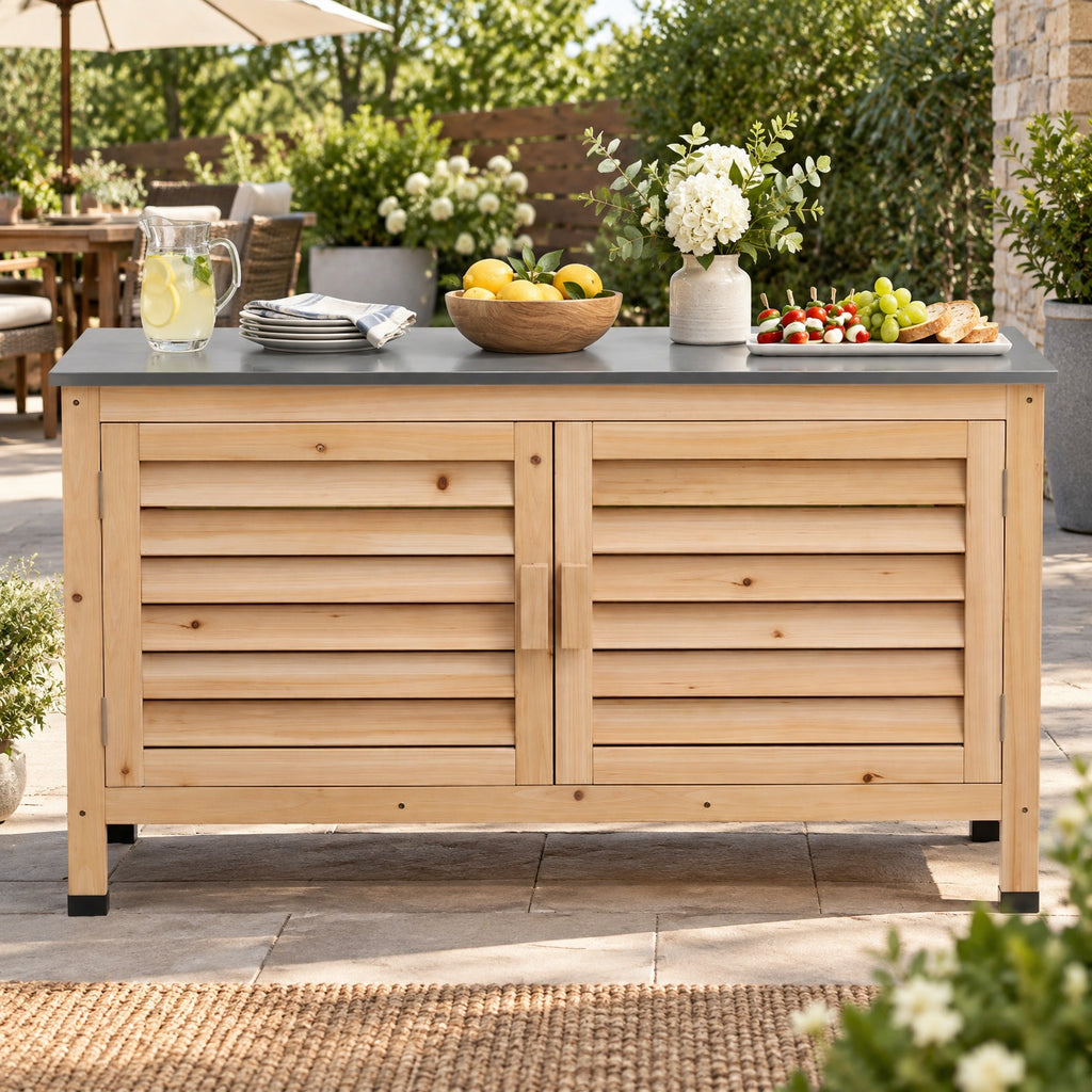 Airfind Patio Storage Cabinet with Stainless Steel Countertop and L-Shaped Shelf for Garden, 66 lbs Capacity, Fir Wood Stainless Steel Rubber Frame