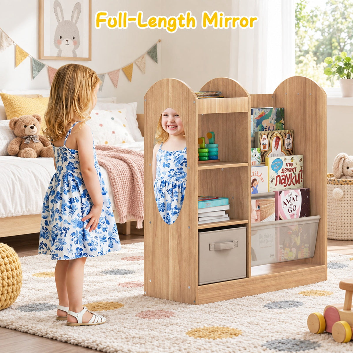 Airfind Toy Storage Organizer with 4-Tier Sling Shelves, 22 lbs Capacity, MDF Pine Wood Fabric Frame for Everyday Use, Natural
