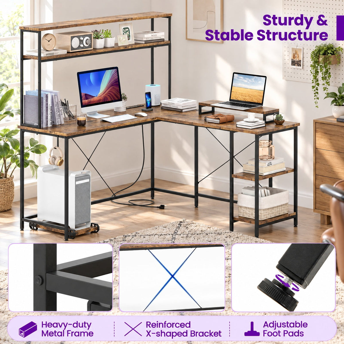 Airfind L-Shaped Reversible Gaming Desk with LED Strip and Power Outlets Hutch Monitor Stand, 310 lbs Capacity, Engineered Wood Metal Frame, Brown