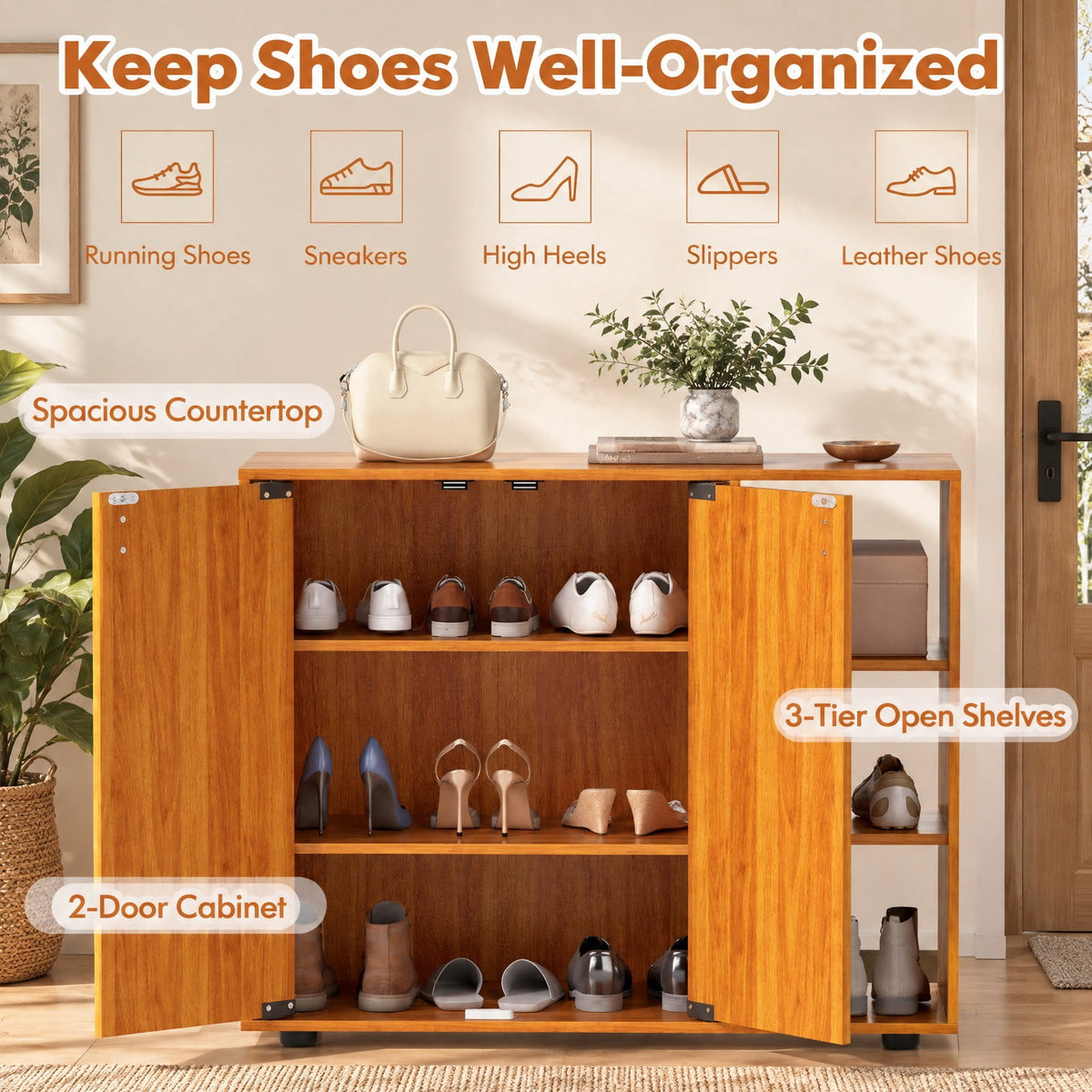 Airfind 3-Tier Shoe Cabinet with Doors with Adjustable Open Shelves for Entryway, 90 lbs Capacity, MDF Engineered Wood Frame, Natural