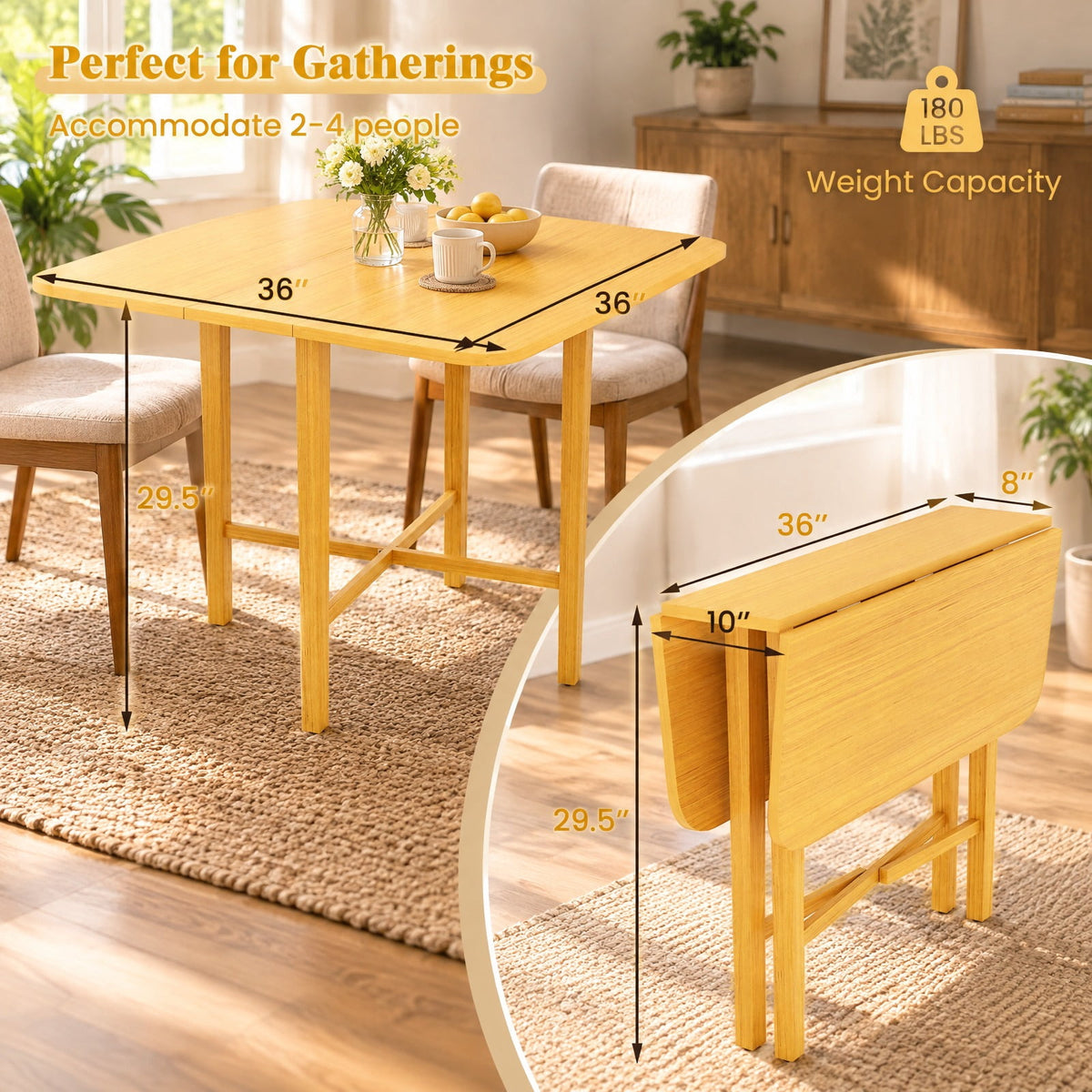 Airfind Foldable Dining Table for 2-4 People with Rubber Wood Legs for Small Space, 180 lbs Capacity, Rubber Wood MDF Frame, Natural