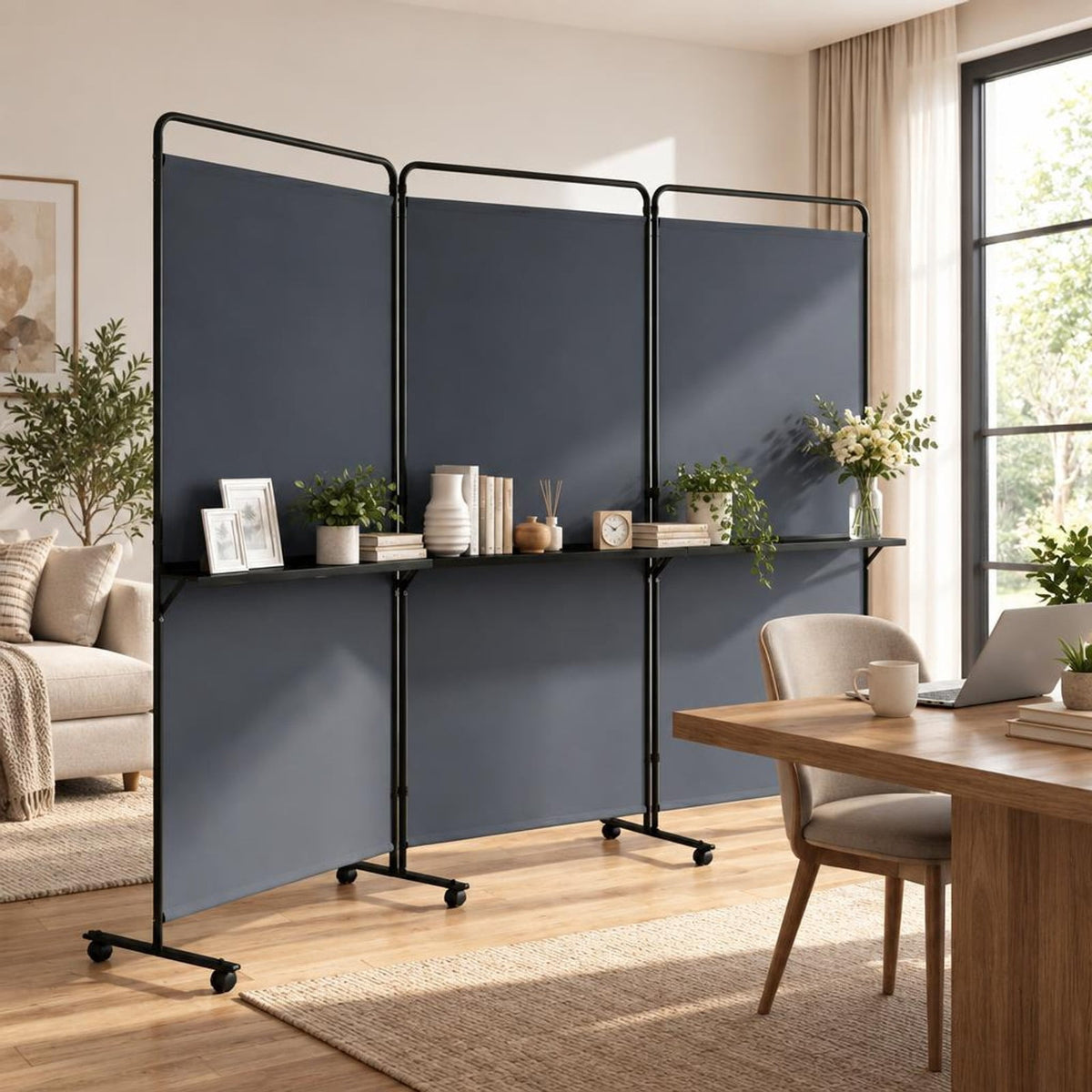 Airfind 3-Panel Room Divider with Shelves 6 FT Tall Folding Privacy Screen with Lockable Wheels, Polyester Fabric Metal Frame, Grey