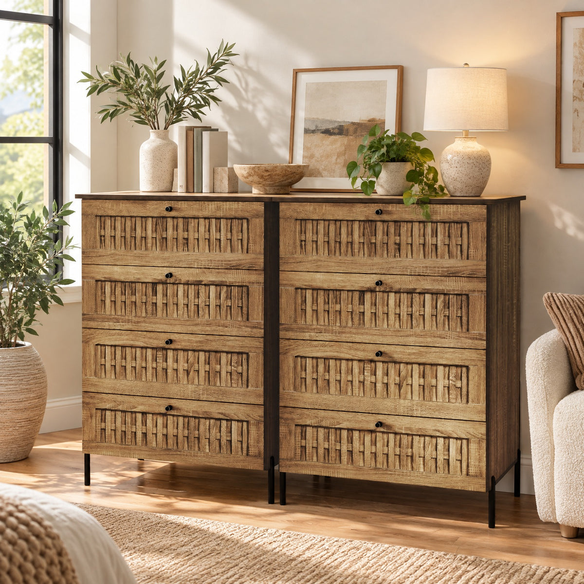 Airfind 4-Drawer Dresser with Interlocking Mechanism and Metal Legs for Bedroom, 155 lbs Capacity, Engineered Wood Metal Frame, Caramel Oak + Black