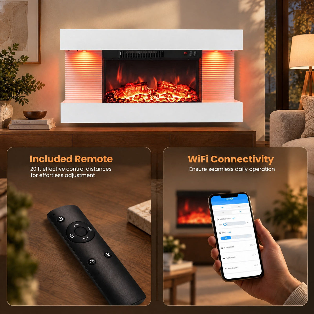 Airfind 3-Sided White Wall Mount Electric WiFi Fireplace with Floating Mantel and 12 Flame Ambient Colors-32 inch, Metal Tempered Glass Frame, White