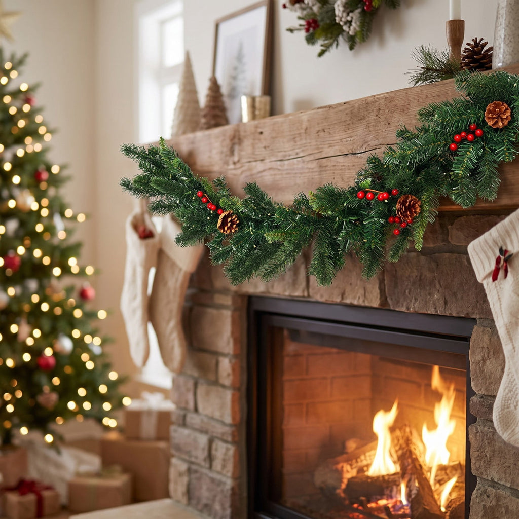 AIRFIND Pre-lit Christmas Garland with 9 Ft Length with 100 LED Lights and 140 PVC Tips for Doorway and Mantel Decor, Red