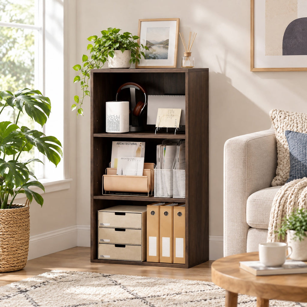 Airfind Bookcase, 3 Open Shelf, Modern Storage Display Cabinet, 55 lbs Capacity, Engineered Wood MDF Frame, 16.5 Inch x 11.5 Inch x 31.5 Inch Footprint, Walnut