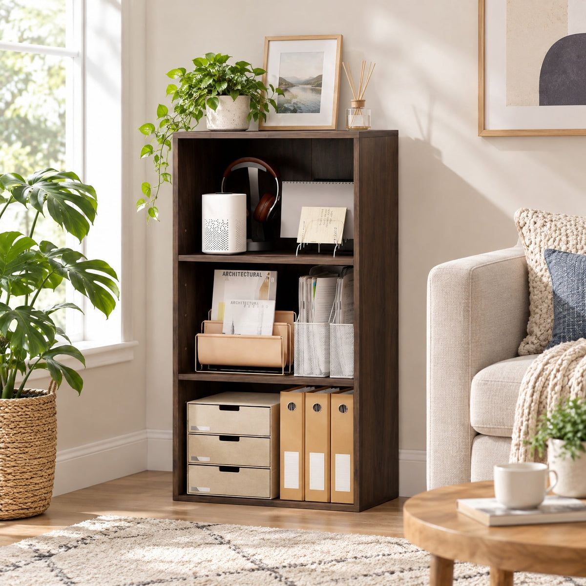 Airfind Bookcase, 3 Open Shelf, Modern Storage Display Cabinet, 55 lbs Capacity, Engineered Wood MDF Frame, 16.5 Inch x 11.5 Inch x 31.5 Inch Footprint, Walnut