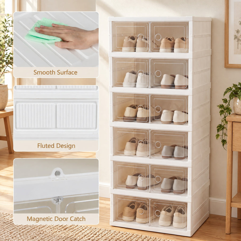 Airfind 6-Tier Shoe Organizer with Clear Doors and Portable Design for 12 Pairs, PP Frame, 17.5in x 13.5in x 42.5in Footprint, White