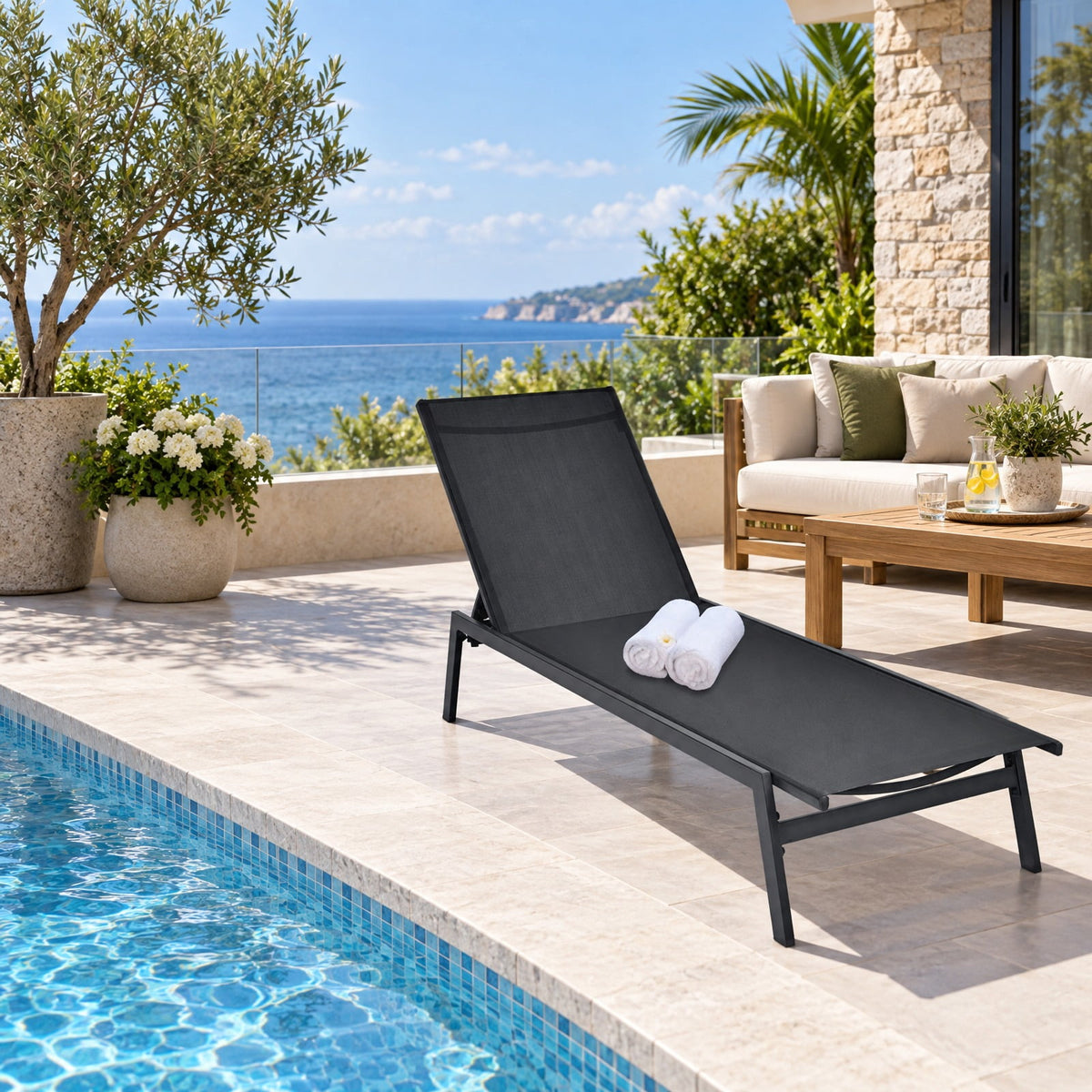 Airfind Outdoor Reclining Chaise Lounge Chair with 6-Position Adjustable Back, 330 lbs Capacity, Steel fabric Frame, Black