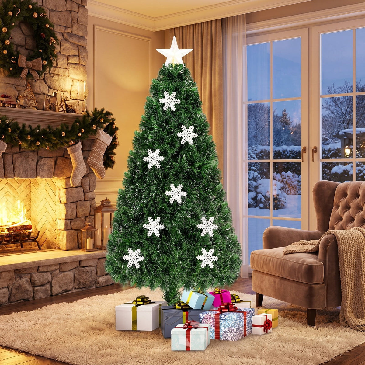 Airfind LED Optic Artificial Christmas Tree with Snowflakes-5 Feet, PVC Frame, 2.4 x 5 (Diameter x H) Height: 5 ft Weight: About 8 lbs Footprint