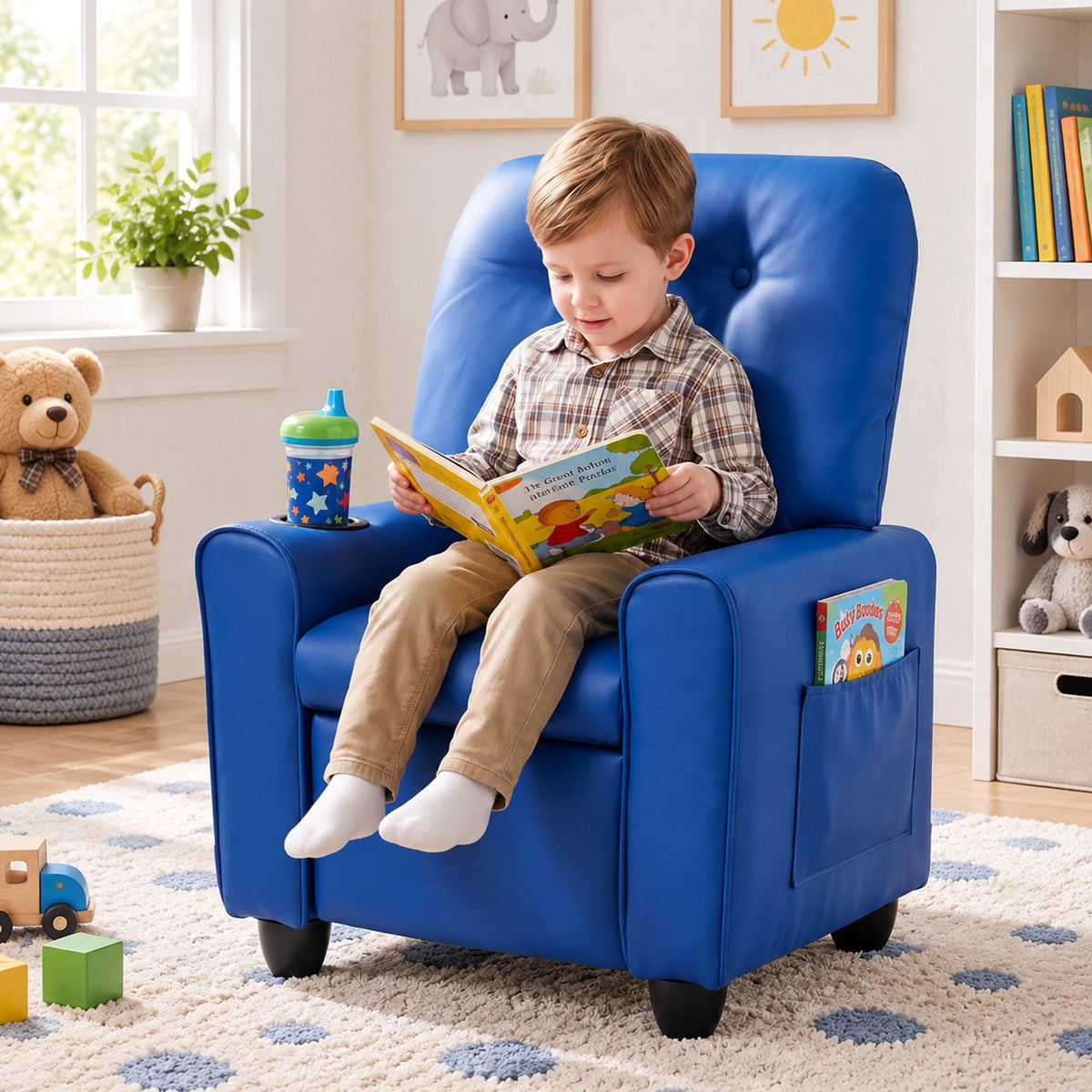 Airfind Youth Recliner Chair with Cup Holder, Side Pocket and Push-back Footrest, PU Upholstery, 24 x 21 x 30 in for Everyday Use, Blue