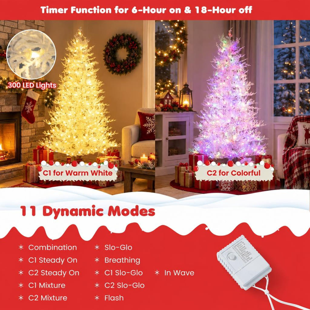 Airfind 6 Feet Artificial Xmas Tree with 383 PE Branch Tips and 300 LED Lights, PE flocking metal Tree height 6 ft Tree width 3.3 ft Frame, White