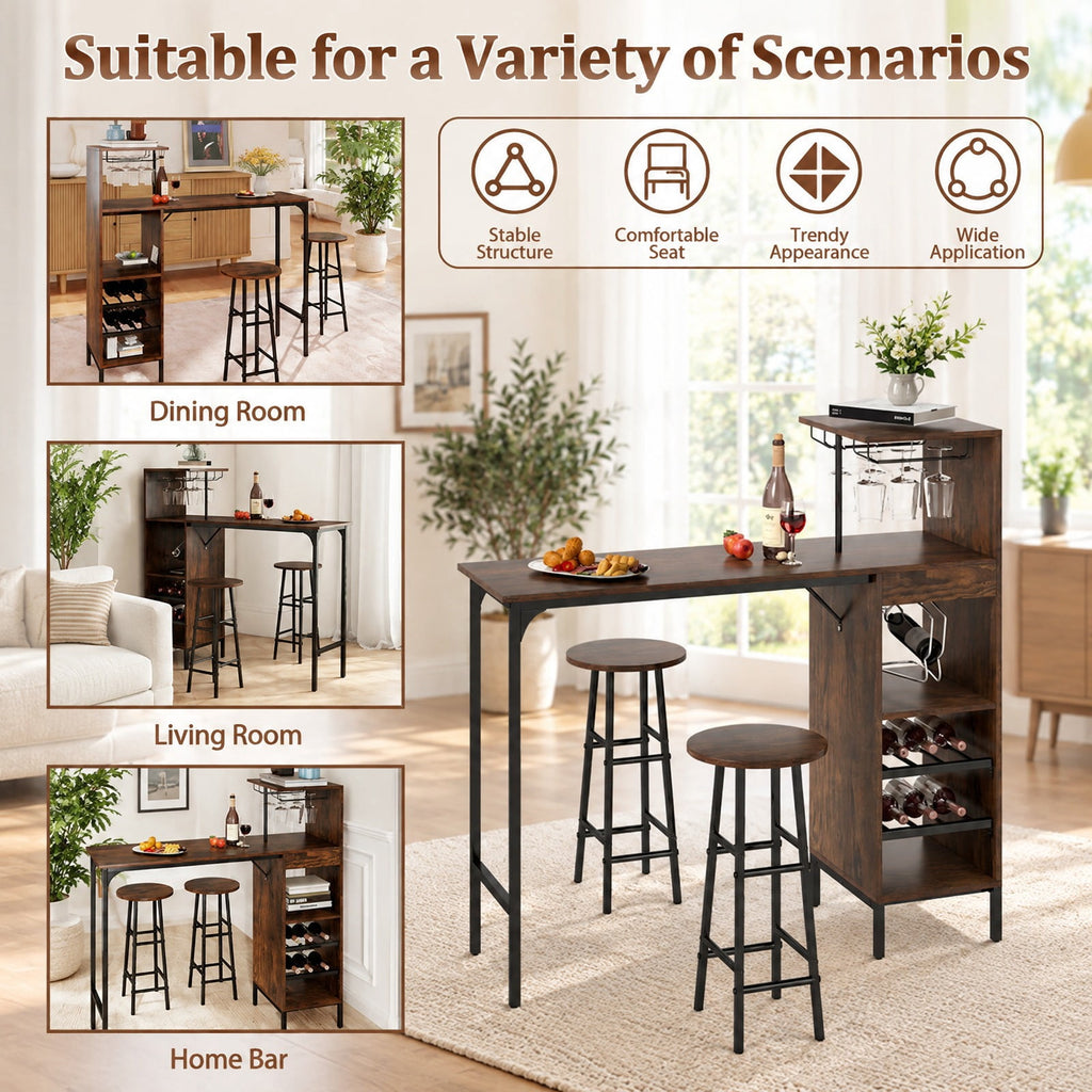 Airfind 3 Piece Bar Table and Chairs Set with 6-Bottle Wine Rack, MDF Metal, 48 Inch X 15.5 Inch X 48 Inch for Convenient Everyday Use, Brown