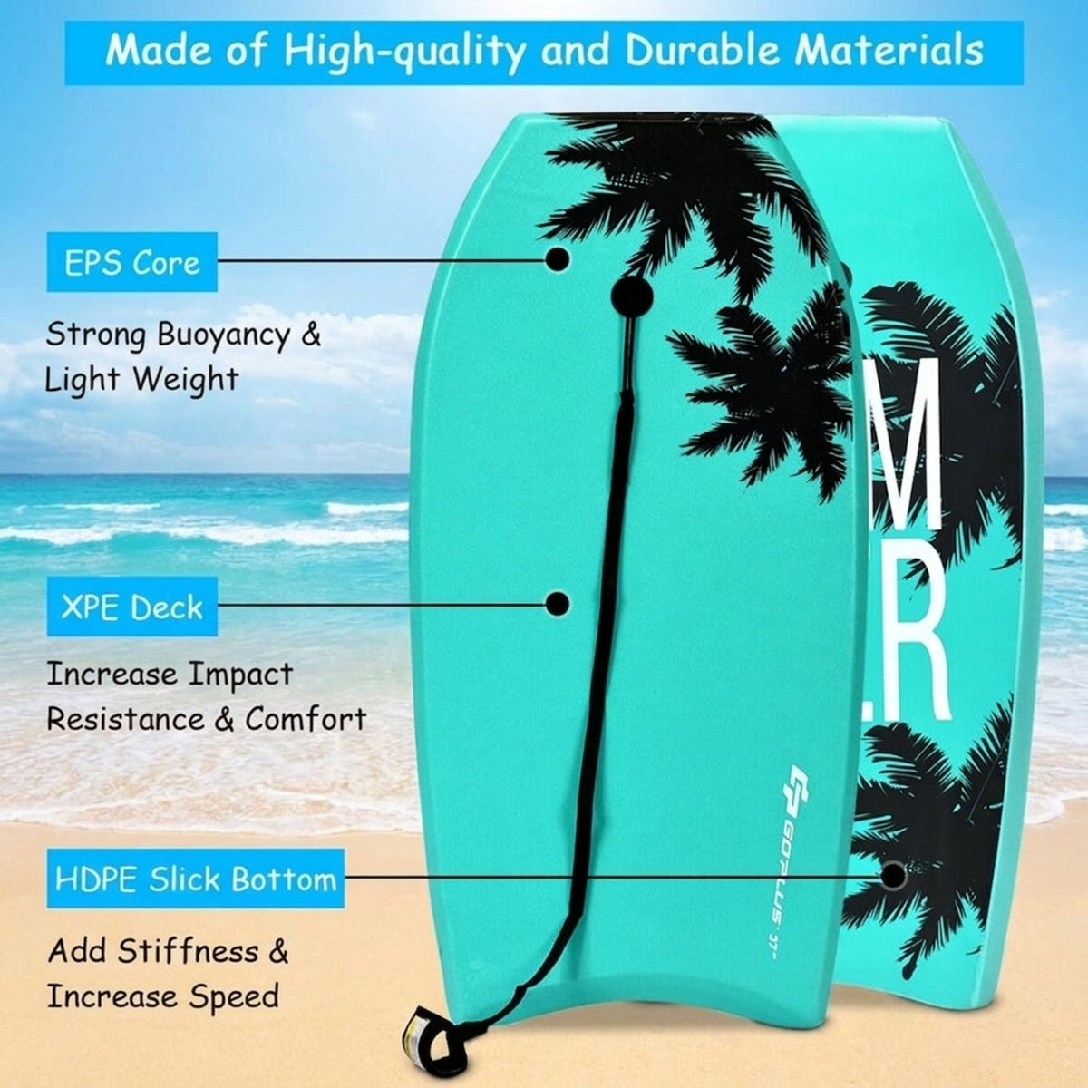 Airfind 41 Inch XPE Bodyboard for Adults ¡ª Soft Deck, EPS Core, HDPE Slick Bottom with Twin Channels, Crescent Tail, Coiled Leash Included (Green)