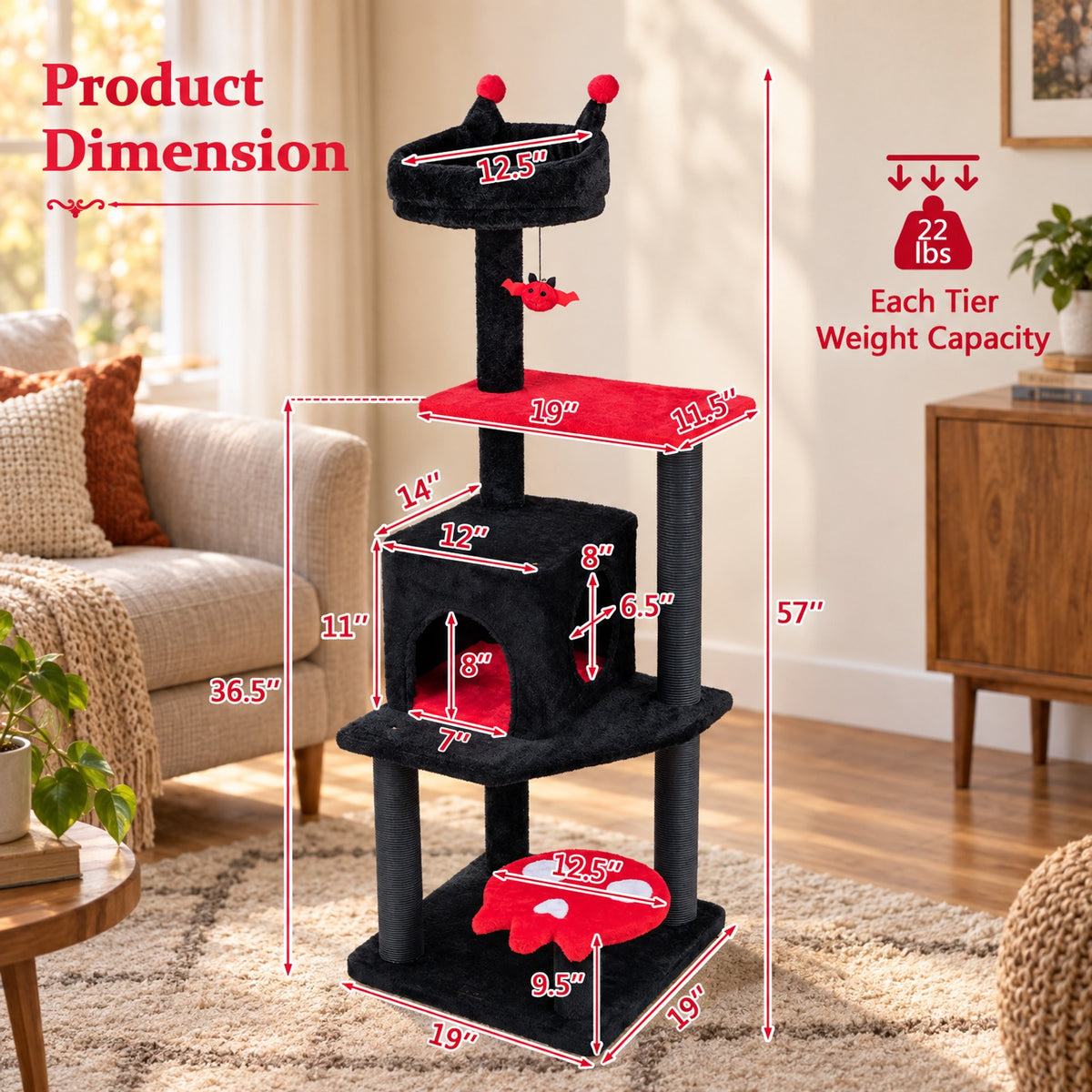 Airfind 57 Inch Spooky Cat Tower with Padded Perch and Spider-shaped Hanging Toy, 22 Lbs Capacity, Ghost-shaped Platform Adds a Playful Touch, Red