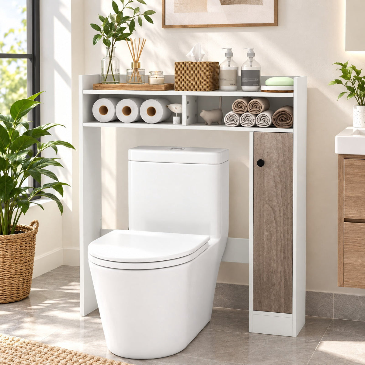 Airfind Bathroom Over the Toilet Floor Storage Organizer with Adjustable Shelves, 100 lbs Capacity, MDF Engineered Wood Frame, White