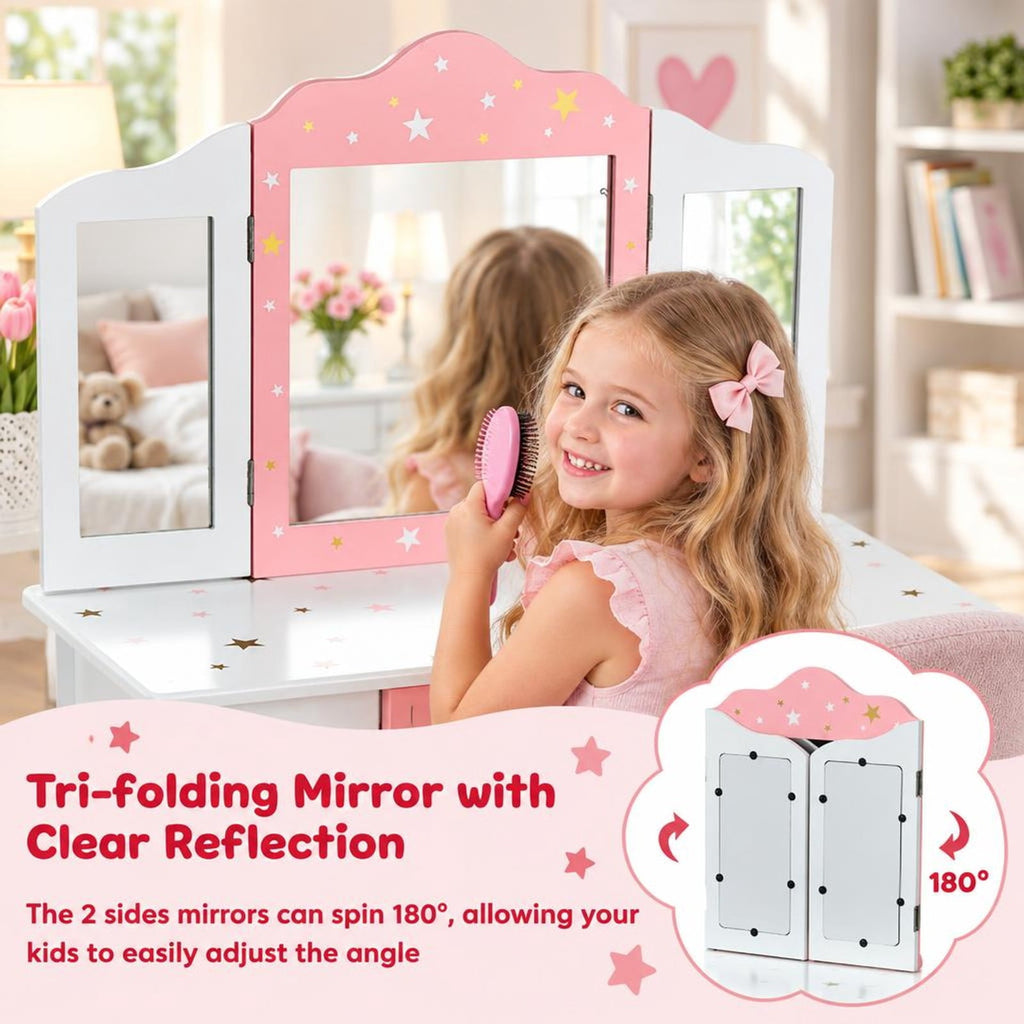 Airfind Kids Princess Vanity Table and Stool Set with Tri-folding Mirror and Drawer, 44 lbs Capacity, MDF Frame, White