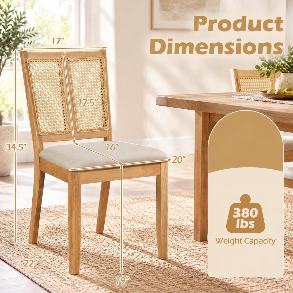 Airfind Rattan Dining Chairs Set of 2 with Curved Backrest and Padded Seat for Dining Room, 380 lbs Capacity, Rubber Wood Frame, Natural