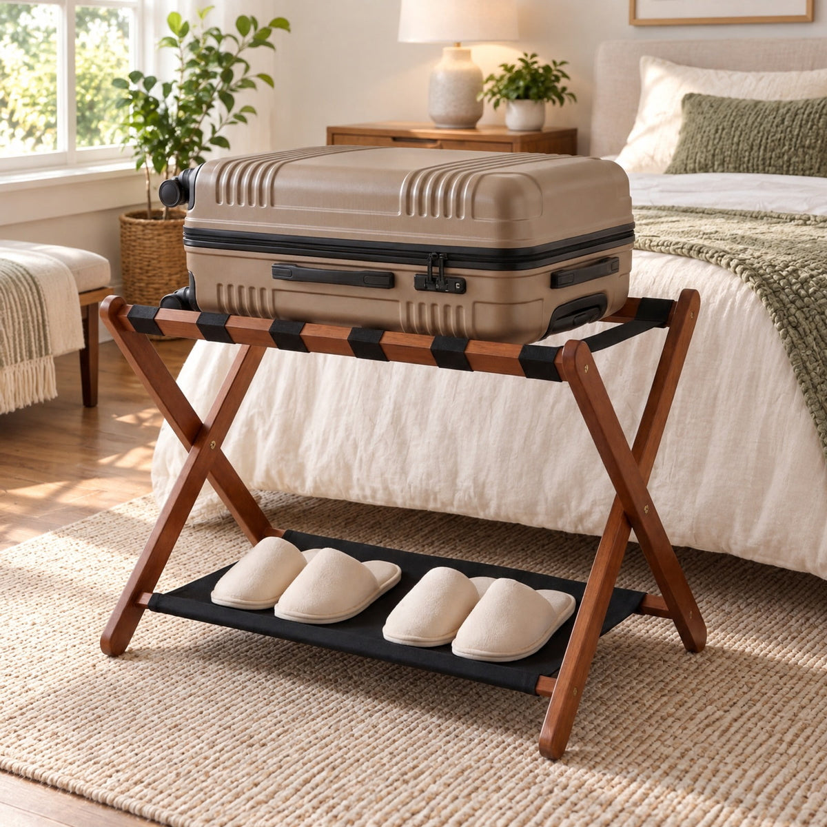 Airfind Solid Rubberwood Folding Luggage Rack with Nylon Shelves, 110 Lbs Capacity, Rubberwood Nylon, 26.5 Inch X 18 Inch X 20.5 Inch, Brown