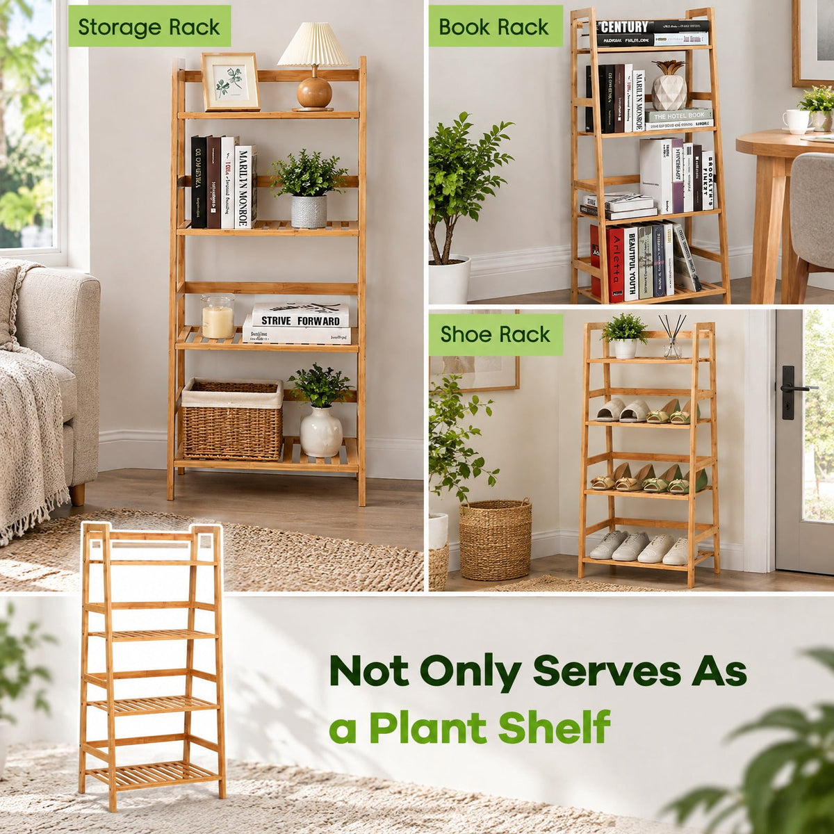 Airfind 4-Tier Bamboo Plant Rack with Guardrails Stable and Space-Saving, 22 lbs per tier Capacity, Bamboo Frame, 19 x 12.5 x 45 Footprint