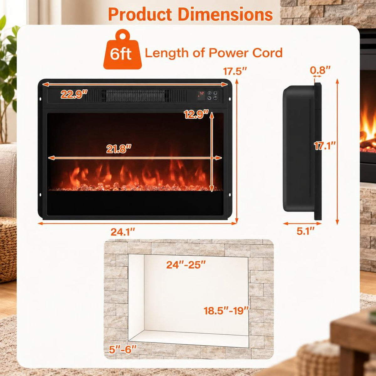Airfind 5000 BTU 23-Inch Electric Fireplace Insert featuring Remote Control and Brightness, Metal Tempered Glass PP Frame, Black