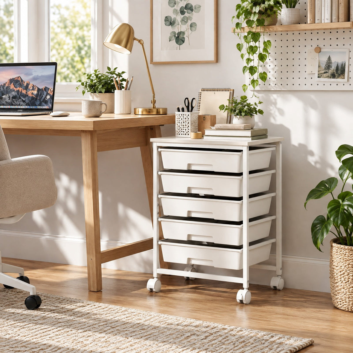Airfind 5-Drawer Rolling Cart with Wooden Tabletop and Metal for Craft Room, 33 lbs Capacity, Metal PP Engineered Wood, White