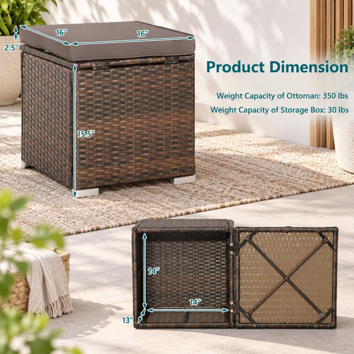 Airfind 2 Pieces Patio Ottoman with Removable Cushions, 350 lbs Capacity, Metal PE Rattan Sponge Polyester Frame, 16 x 16 x 15.5 Footprint, Gray