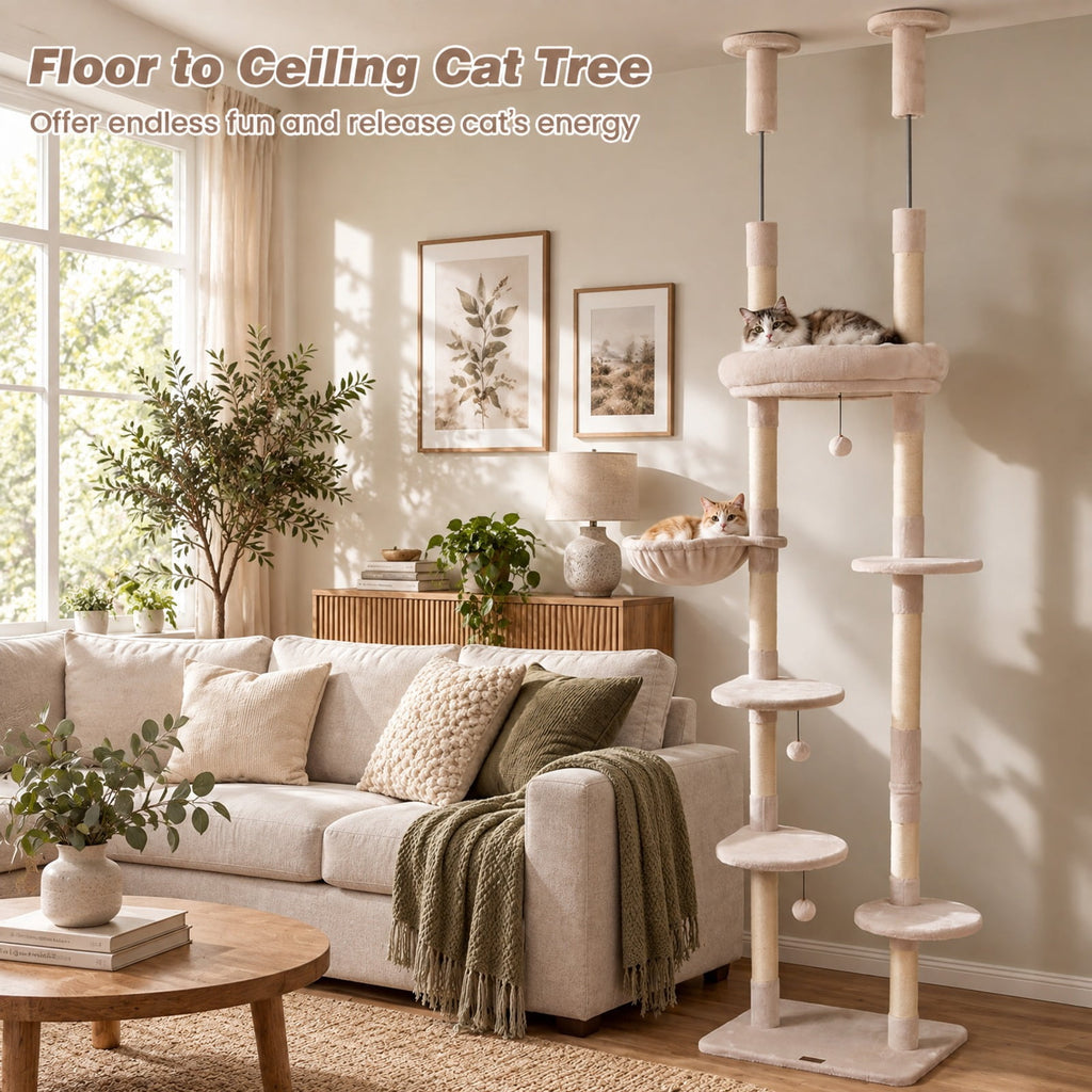 Airfind 6-tier Floor to Ceiling Cat Tree with Plush Bed and Sisal Scratching Posts, 33 kg Capacity, Plywood Plush Metal Sisal Rope Frame, Beige