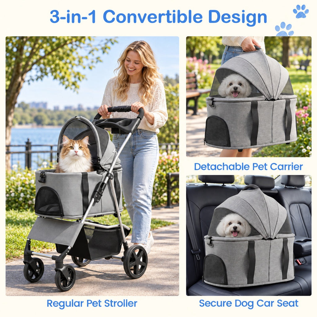 Airfind 3-in-1 Pet Stroller for Small Medium Dogs Foldable with Detachable Carrier, 26.5 lbs Capacity, 18.5in x 28.5in x 39.5in Footprint, Grey