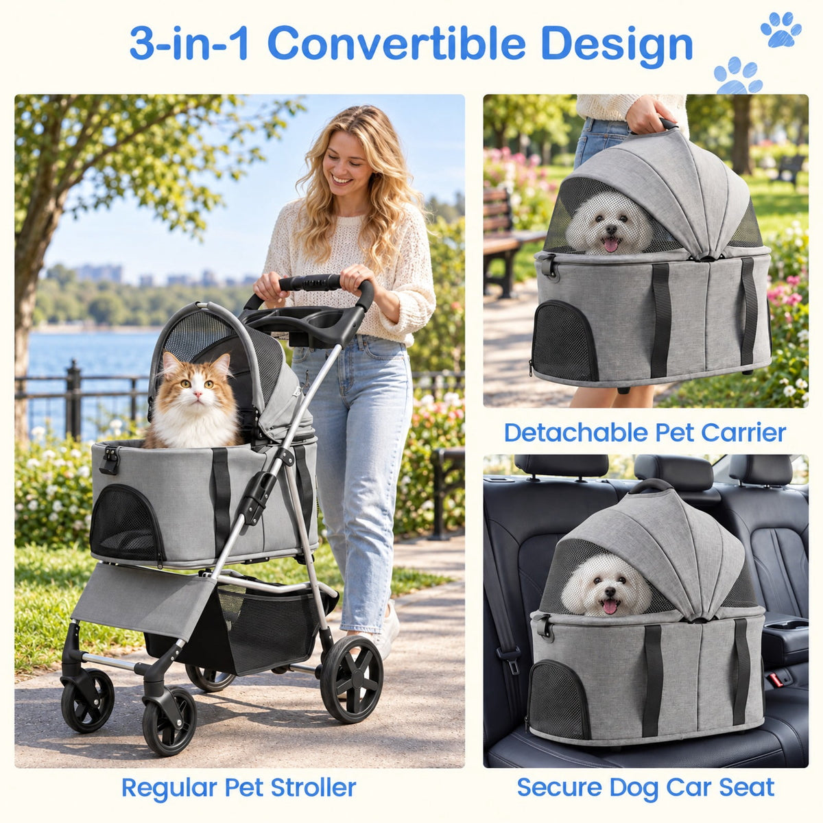 Airfind 3-in-1 Pet Stroller for Small Medium Dogs Foldable with Detachable Carrier, 26.5 lbs Capacity, 18.5in x 28.5in x 39.5in Footprint, Grey