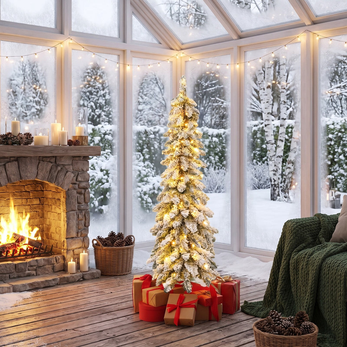 Airfind 4 Feet Pre-Lit Artificial Christmas Tree Snow, PVC Frame, Tree Height 4 ft, Tree Width 1.5 ft, Diameter of Stand 10 x 10