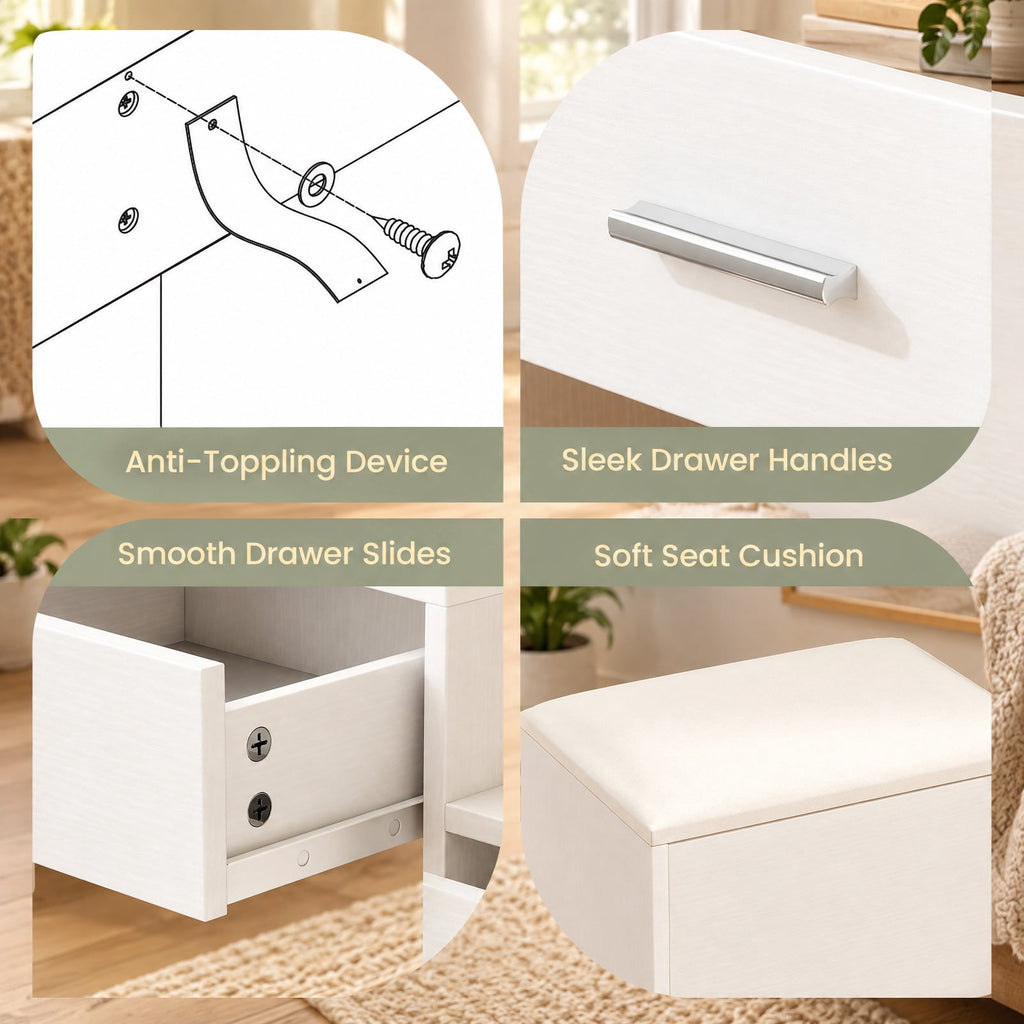 Airfind Makeup Table and Stool Set with Hair Dryer Stand, 230 lbs Capacity, MDF Frame, 43.5in x 16in x 54in Footprint, White