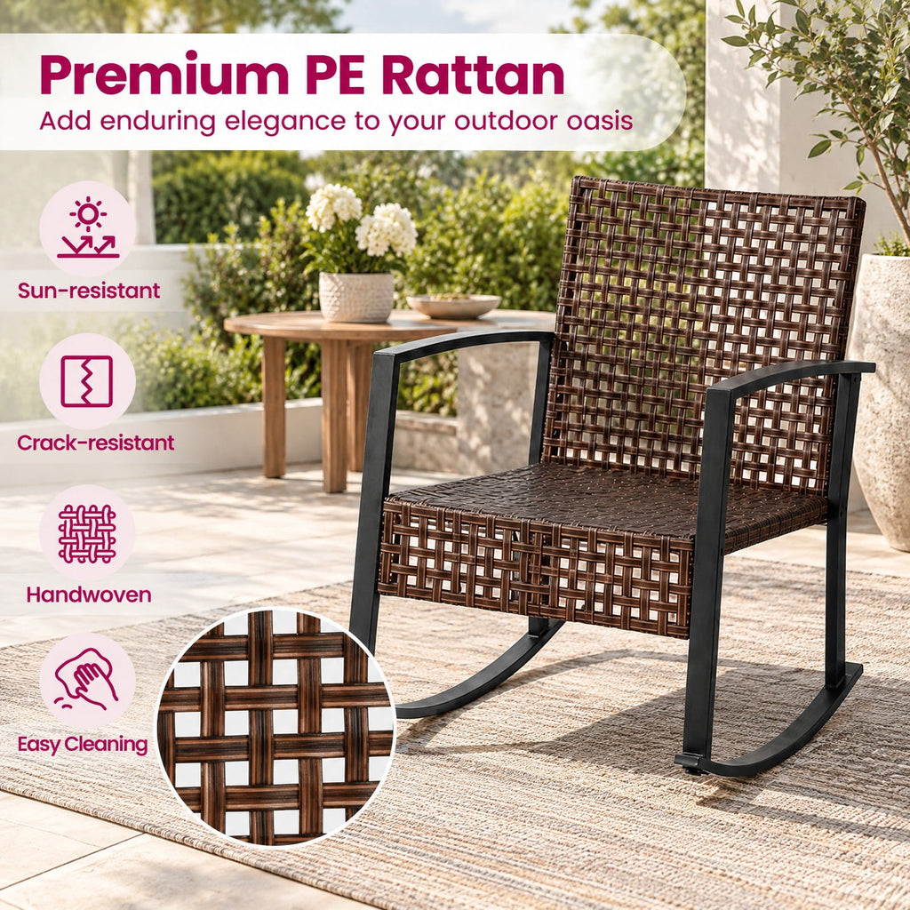 Airfind 3-Piece Outdoor Rocking Chair Set, 100 lbs Capacity, PE Rattan Metal Glass Polyester Non-woven Fabric Sponge Frame, Brown