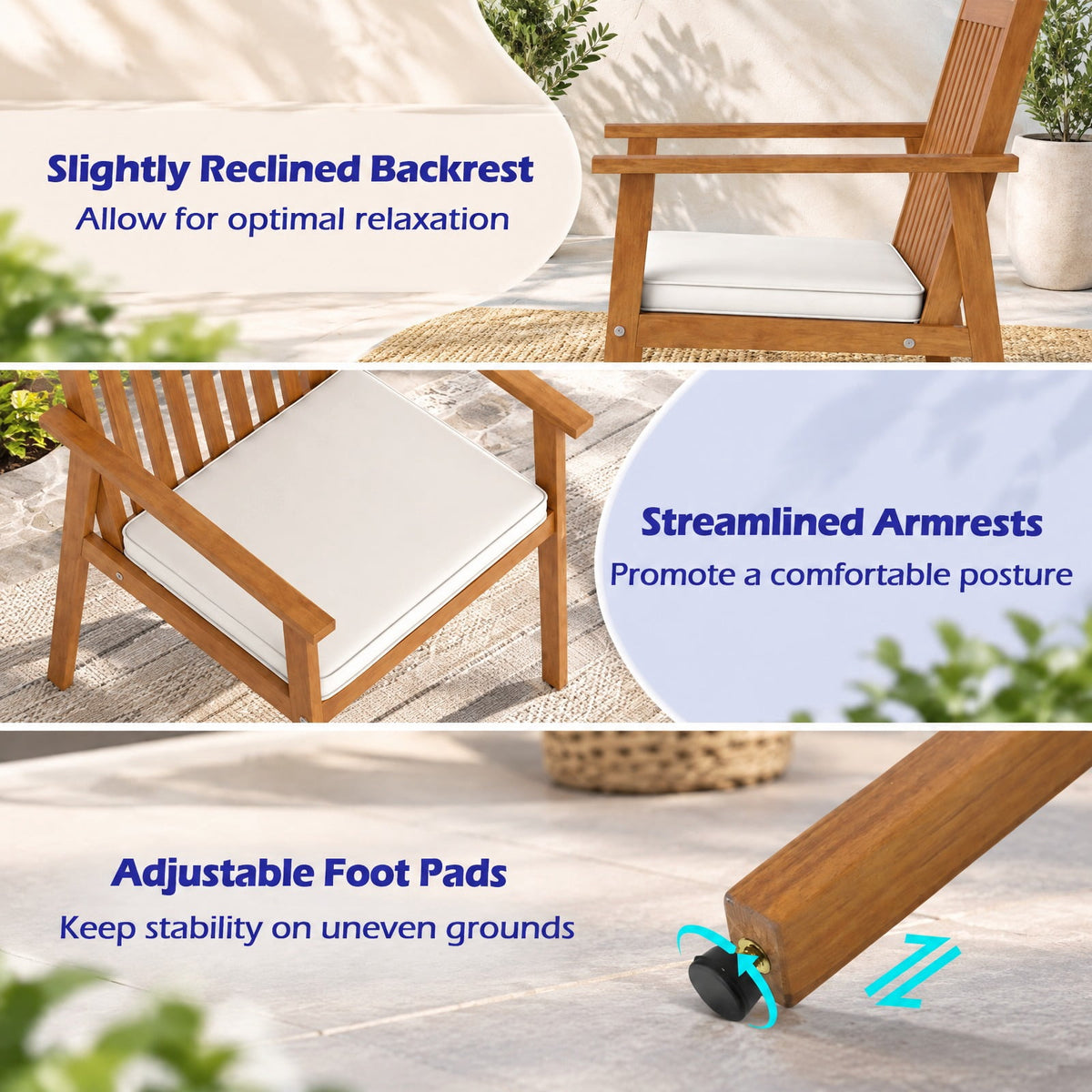 Airfind 2 Pieces Patio Dining Chairs Outdoor Acacia Wood Chairs with Removable Padded Cushion, Acacia Wood Sponge Non-woven Fabric Frame, Natural