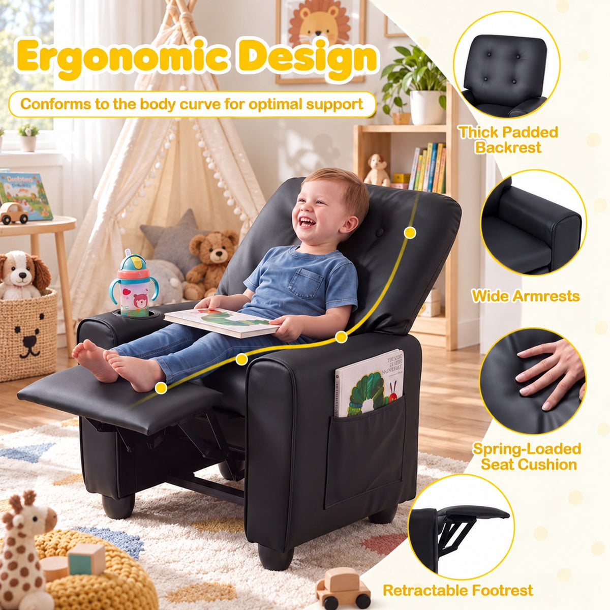 Airfind Youth Recliner Chair with Cup Holder, Side Pocket and Push-Back Footrest, PU Upholstery with Wood, Foam, PU Upholstery, and Metal, Black