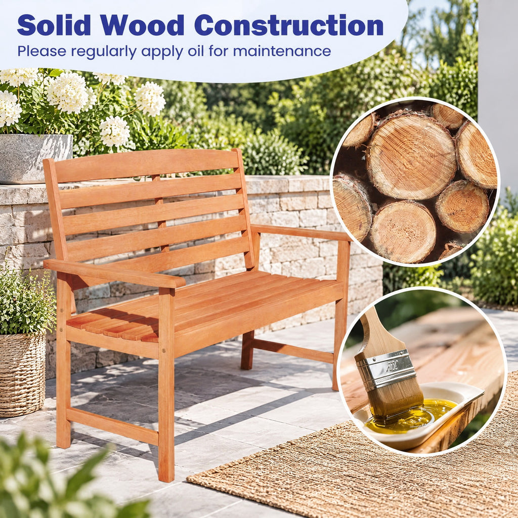 Airfind Outdoor Wooden Bench for 2 People with Curved Seat, Slatted Back and Armrests, 530 lbs Capacity for Porch and Patio, Natural