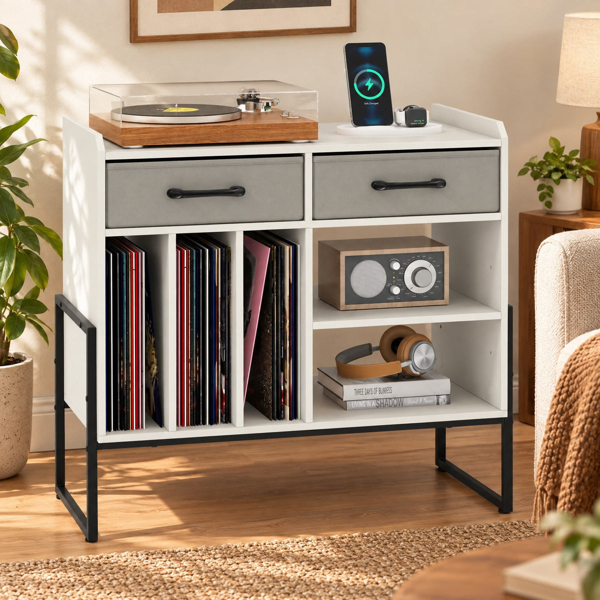 Airfind Large Record Player Stand with Charging Station Mid Century Modern Vinyl Storage Cabinet, 209 lbs Capacity, 30in x 14in x 27in Inside Footprint