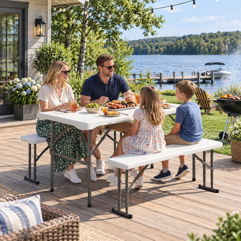 Airfind 44 Inch HDPE Folding Picnic Table Set with 2 Benches, 110 lbs Capacity, HDPE Metal Frame, 44 Inch x 24 Inch x28 Inch Footprint, White