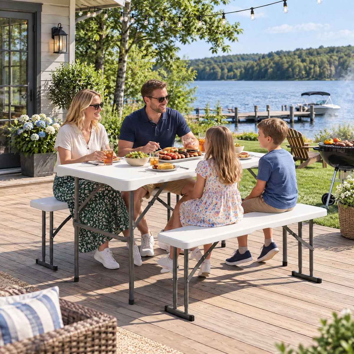 Airfind 44 Inch HDPE Folding Picnic Table Set with 2 Benches, 110 lbs Capacity, HDPE Metal Frame, 44 Inch x 24 Inch x28 Inch Footprint, White