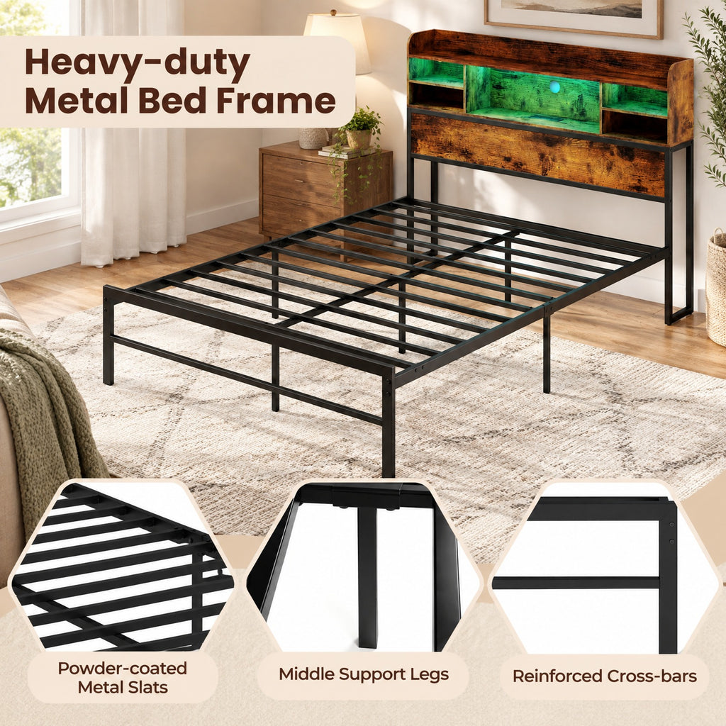 Airfind Full Size Bed Frame with Headboard LED Lights and Charging Station, 660 lbs Capacity, Metal Engineered Wood MDF Frame, Brown