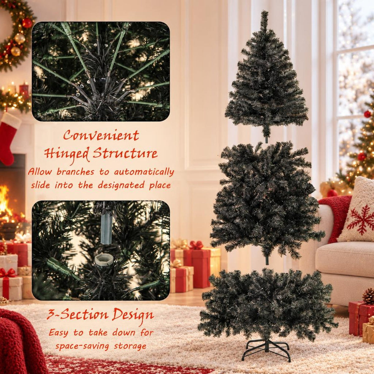 Airfind 6/7 FT Artificial Christmas Tree with Bendable Top Section and Warm Light-7 ft, PVC Metal Frame, 3 x 6/3.3 x 7 ft Footprint, Black