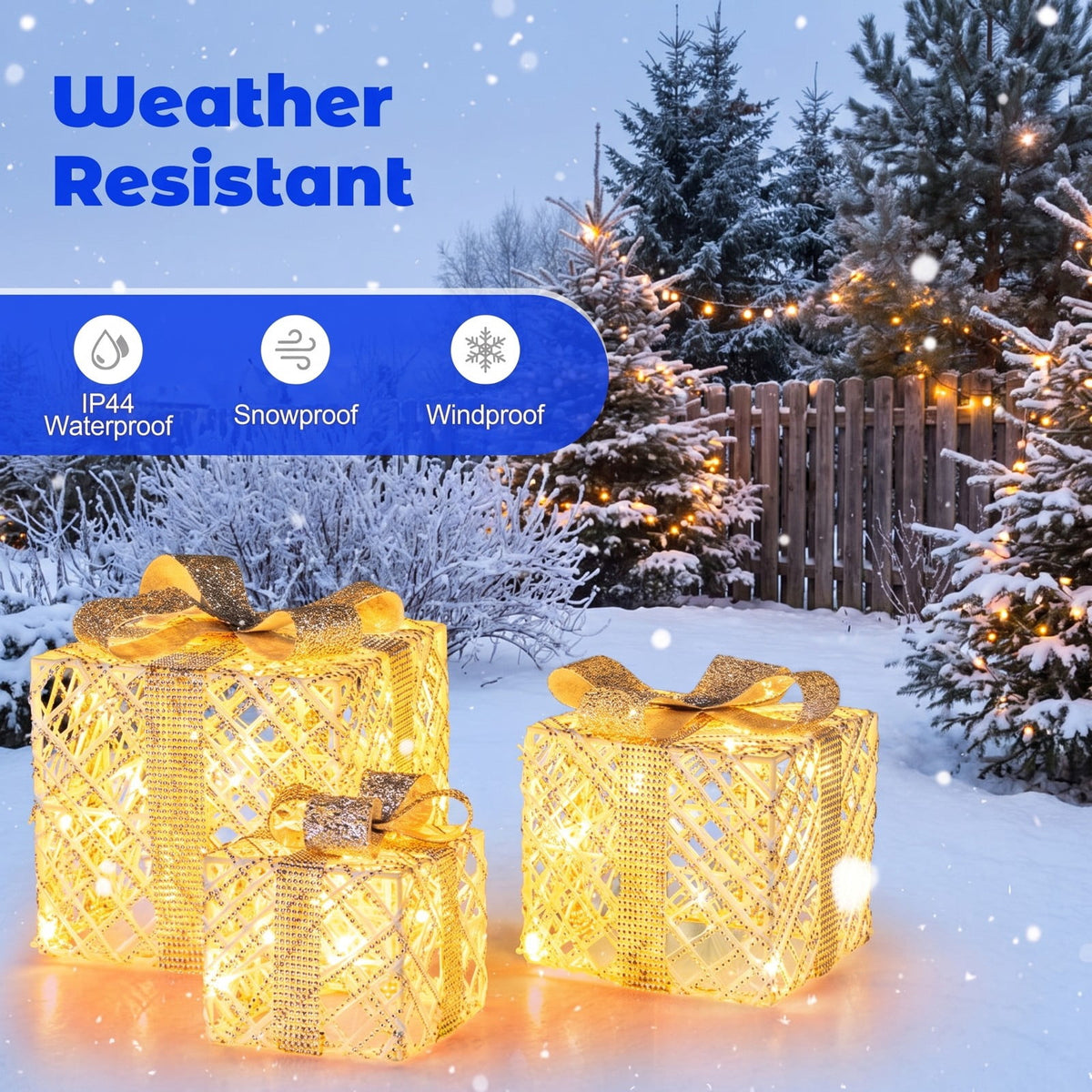 Airfind 3 Pack Christmas Lighted Gift Box with 50 LED Lights and Detachable Bows, PVC Metal Frame, 10in x 10in x 9in Footprint, White
