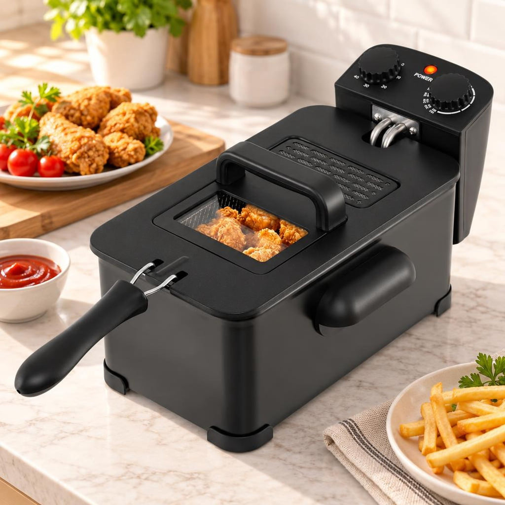Airfind 3.2 Quart Electric Stainless Steel Deep Fryer featuring Timer, Stainless Steel Iron Frame, 21.5 Inch x 9.5 Inch x 8.5 Inch Footprint, Black
