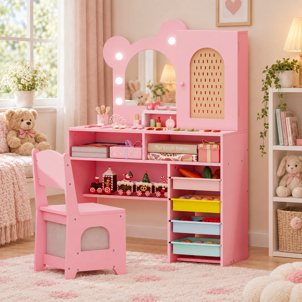 Airfind Kids Vanity with Lights and 5 Drawers for Kids Aged 3+ Years Old, 45 lbs Capacity, MDF Frame, for 3+ Years Old, Pink