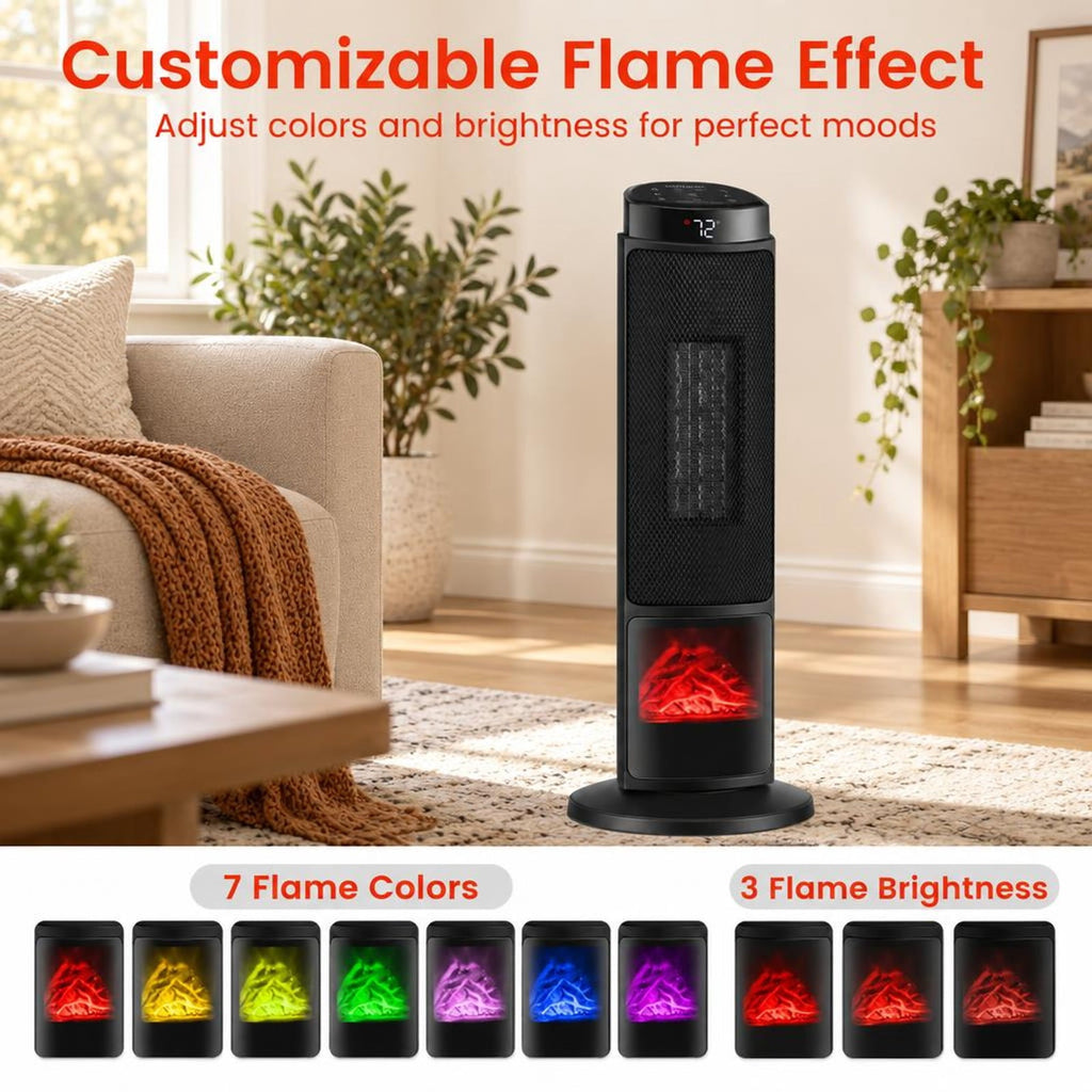 Airfind 24 Inch 1500W PTC Ceramic Tower Space Heater with 7-Color Flame, 9 Inch x 24 InchLength of Footprint for Everyday Use, Black