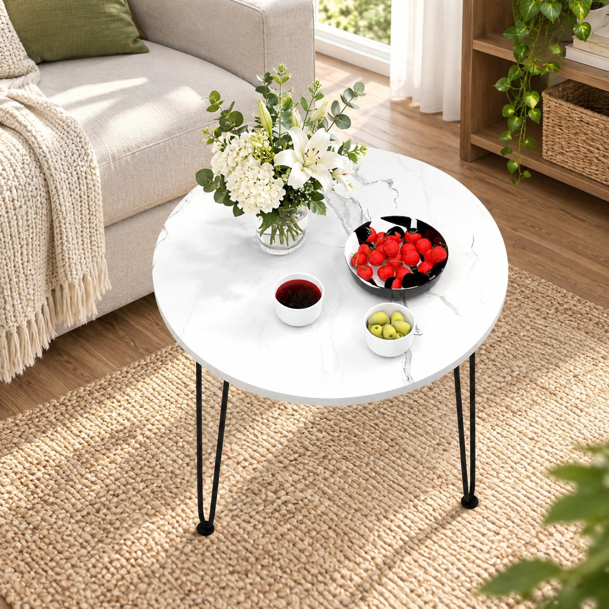 Airfind Round Coffee Table with Thickened Tabletop and Metal Tripod Legs, 23.5 x 23.5 x 18.5Weight Footprint, White