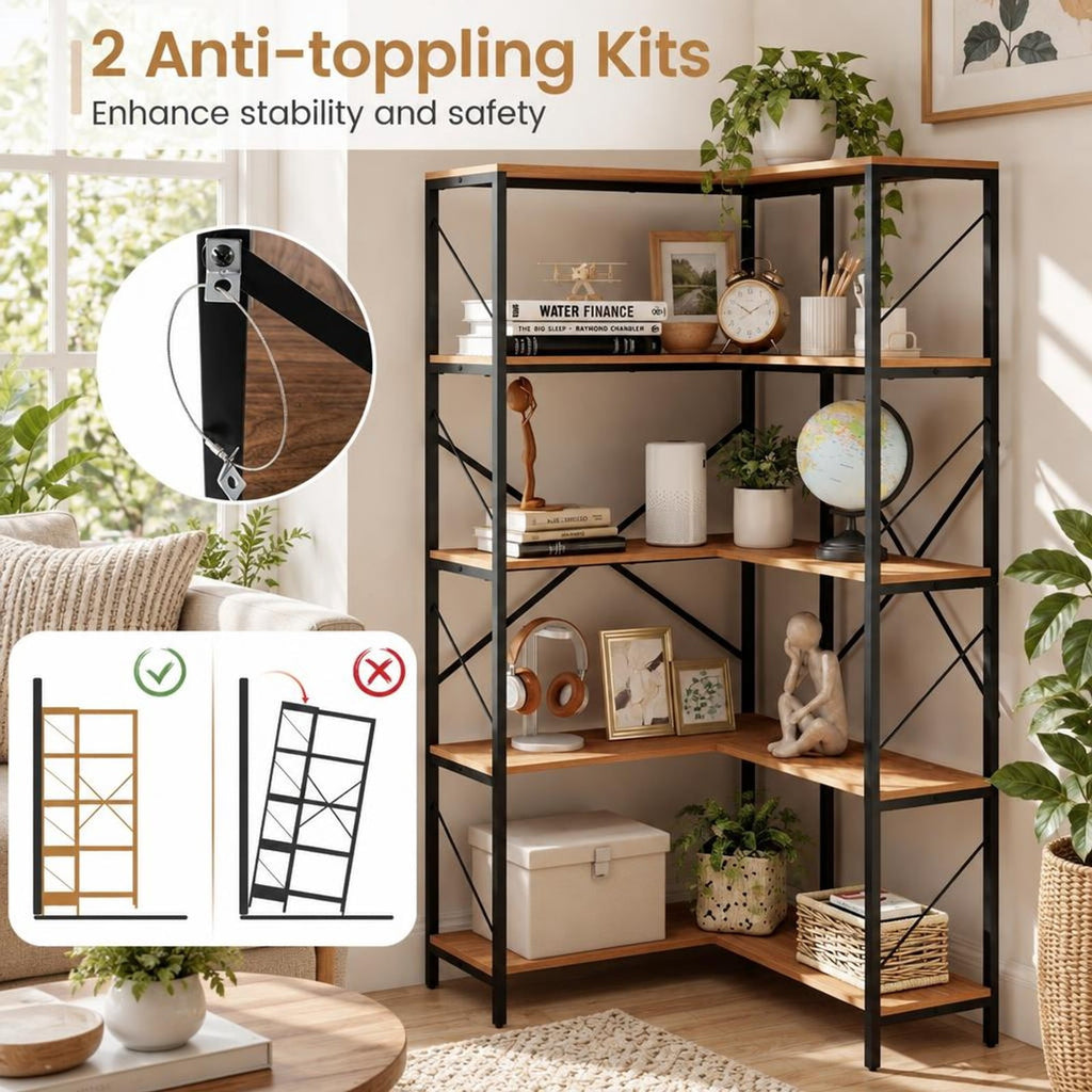 Airfind 66 Tall 5-Tier L-Shaped Bookcase with Metal Frame for Living Room, 44 lbs Capacity, Metal Frame, 31.5 x 31.5 x 66 Footprint, Brown