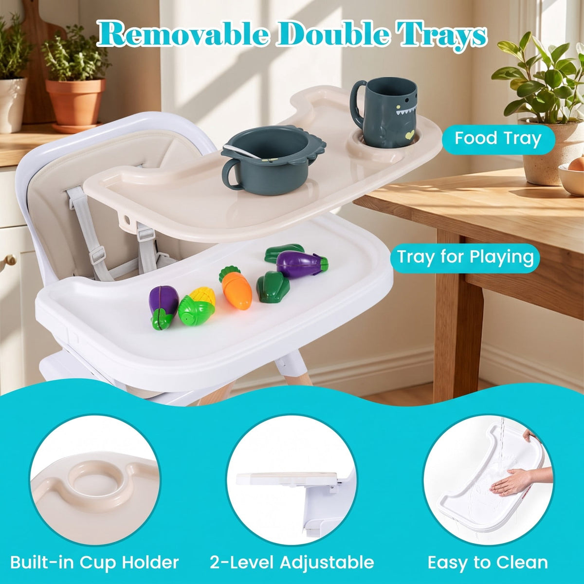 Airfind 4-in-1 Convertible Baby High Chair with Detachable Adjustable Tray, Beech, Model AD10112BE