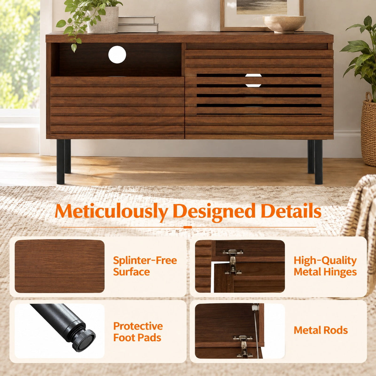 Airfind Mid Century Fluted TV Stand for 40 Inch TV Modern Entertainment Center with Open Compartment, 110 lbs Capacity, Metal Engineered Wood Frame